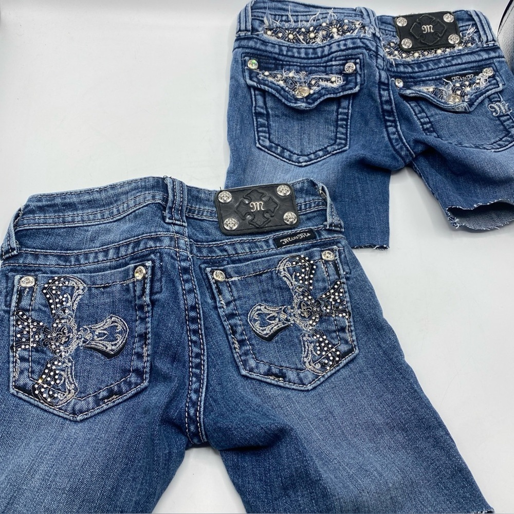 Jorts Miss Me Denim Jean Shorts Girls 10 Blue Embroidery Contrast Stitch Bling